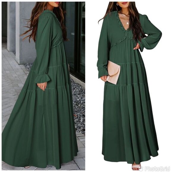 New Casual Maxi Boho Long Sleeve V-Neck Ruffle Elegant Cocktail Swing Dr… - Picture 1 of 12